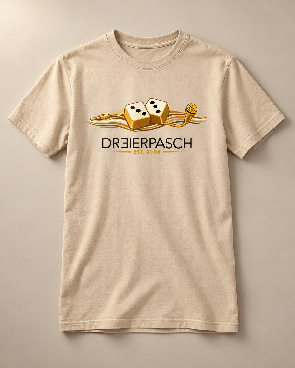 Freigegebenes sandfarbenes Dreierpasch-Shirt – Gesamtansicht mit unverändertem Aufdruck